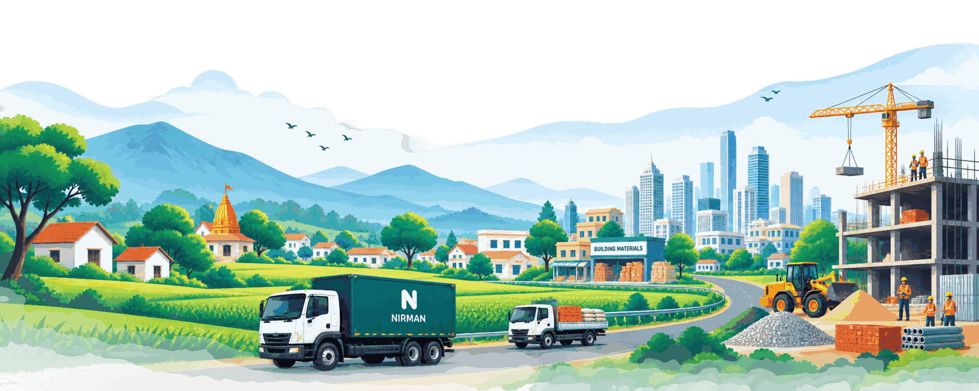 Nirman trucks carrying materials from a village through a town to a city construction site