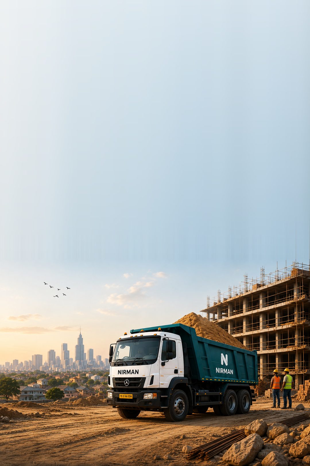 NirmanApp delivery truck loaded with material at a construction site